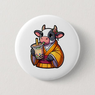 Cow Drinking Bubble Tea Japanese Kimono 6 Cm Round Badge