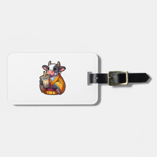 Cow Drinking Bubble Tea Japanese Kimono Luggage Tag