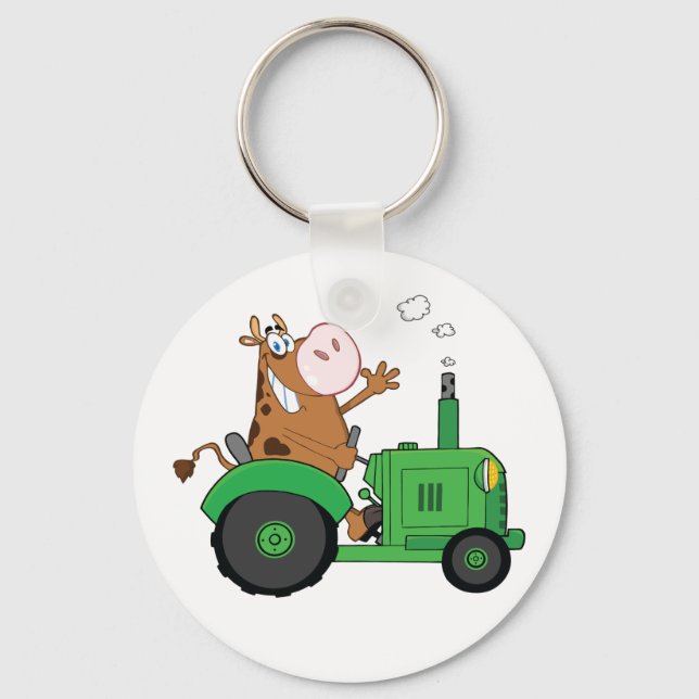 Cow Driving A Tractor Key Ring (Front)