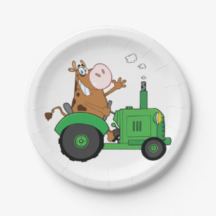 Cow Driving A Tractor Paper Plate