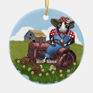 Cow Driving Tractor Ceramic Tree Decoration