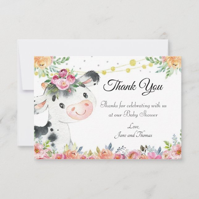 Cow farm animal baby shower thank you card (Front)