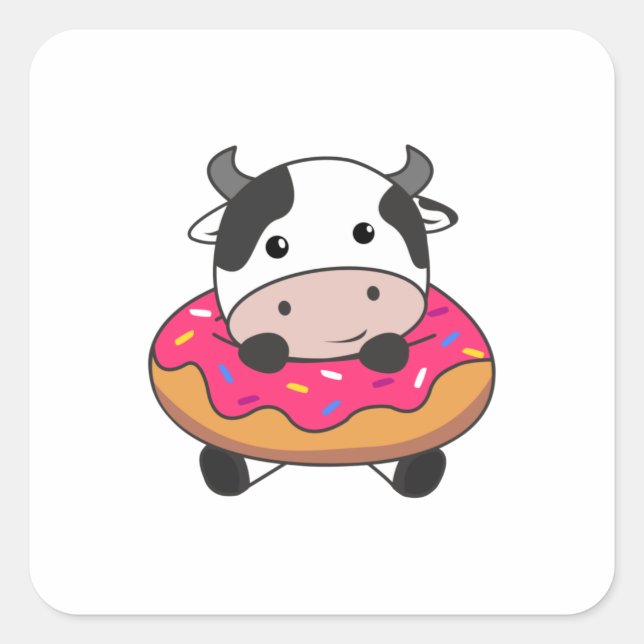 Cow Farm Animal In Doughnut Kawaii Cows Doughnuts Square Sticker (Front)