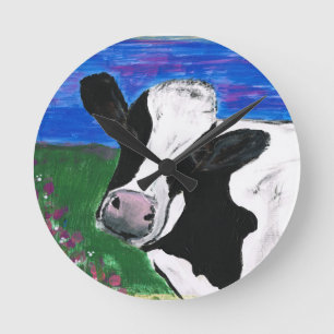 Cow, Farm, Animal, rural, hand painted calf. Round Clock