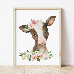 Cow, Farm Animals, Pink Flowers, Girl Nursery Photo Print
