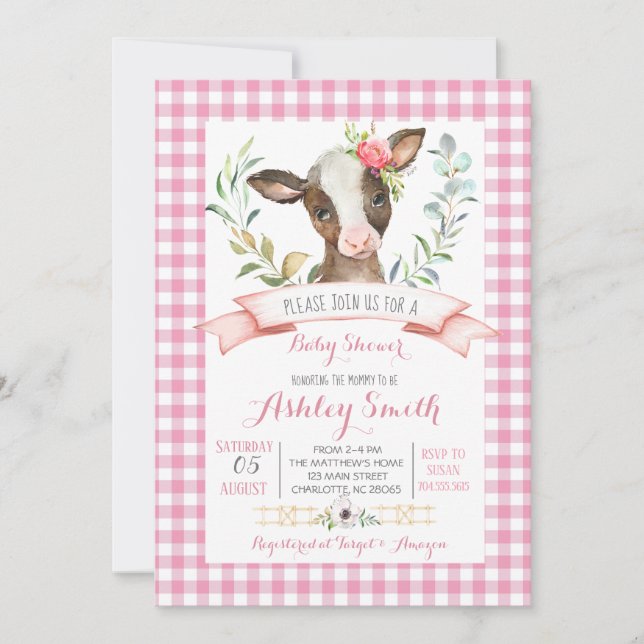 cow farm baby shower invitation pink girl (Front)