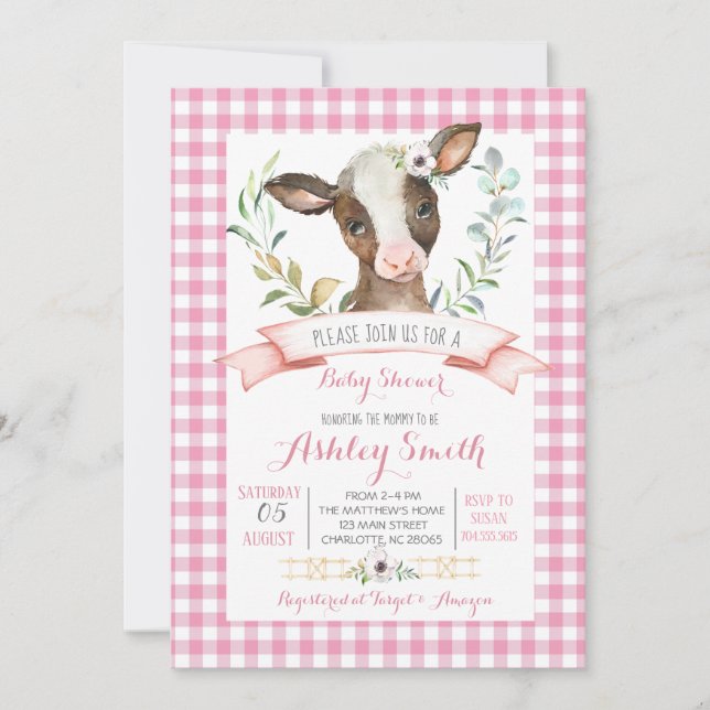 cow farm baby shower invitation pink girl (Front)
