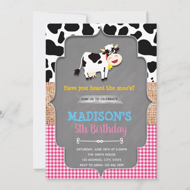 Cow farm barnyard birthday invitation (Front)