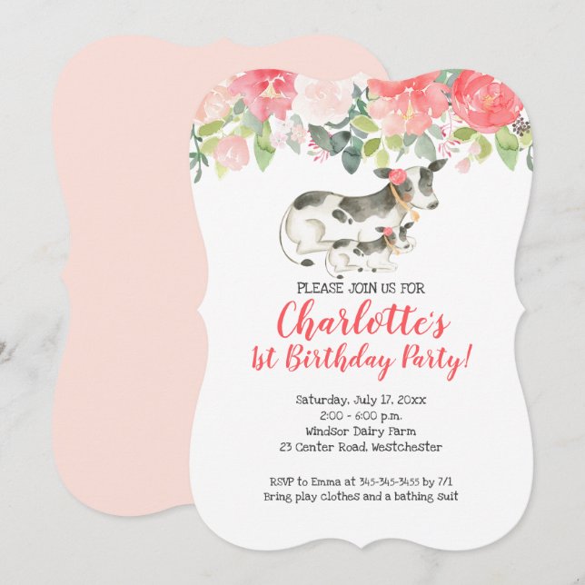 Cow Farm Coral and Pink Floral Birthday Invitation (Front/Back)