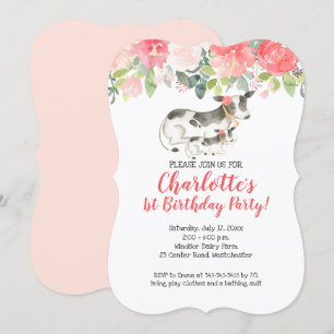 Cow Farm Coral and Pink Floral Birthday Invitation