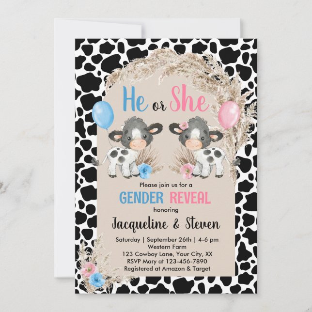 Cow farm gender reveal baby invitation cowboy (Front)