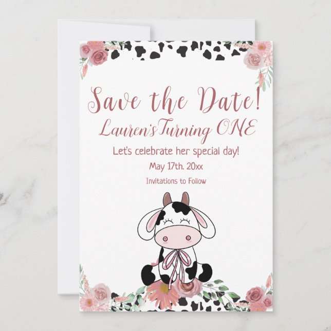 Cow First Birthday   Save The Date (Front)