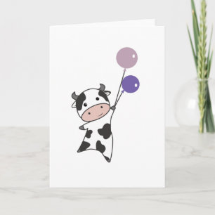 Cow Flies Up With Balloons Cute Animals Card