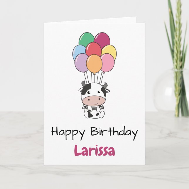 Cow Flies Up With Colourful Balloons Card (Front)