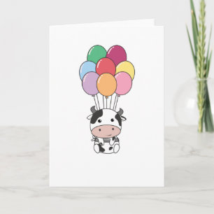 Cow Flies Up With Colourful Balloons Card