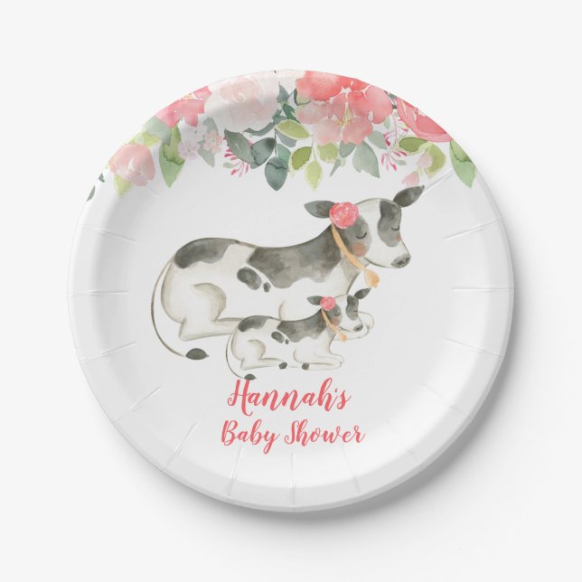 Cow Floral Farm Peonies Baby Shower Paper Plate (Front)