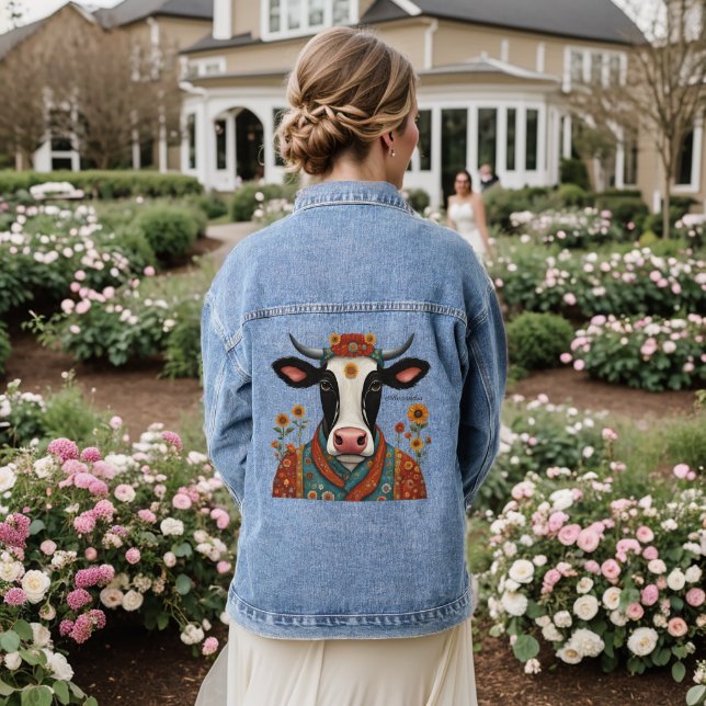 Cow Floral Folk Art Personalised Denim Jacket (Wedding Back)