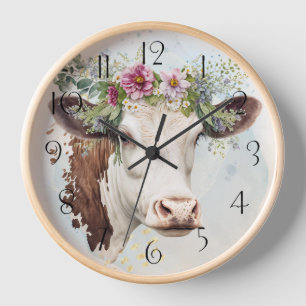 Cow Floral Watercolor Clock