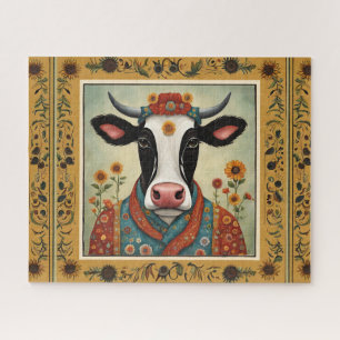 Cow Folk Art Floral Jigsaw Puzzle
