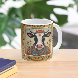 Cow Folk Art Floral  Two-Tone Coffee Mug
