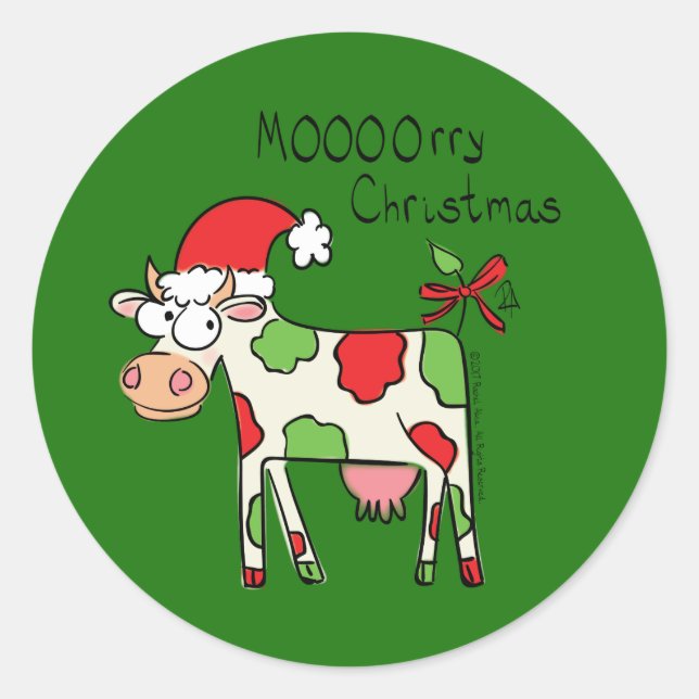 Cow Funny Cartoon Christmas Holiday Classic Round Sticker (Front)