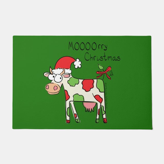 Cow Funny Cartoon Christmas Holiday Doormat (Front)