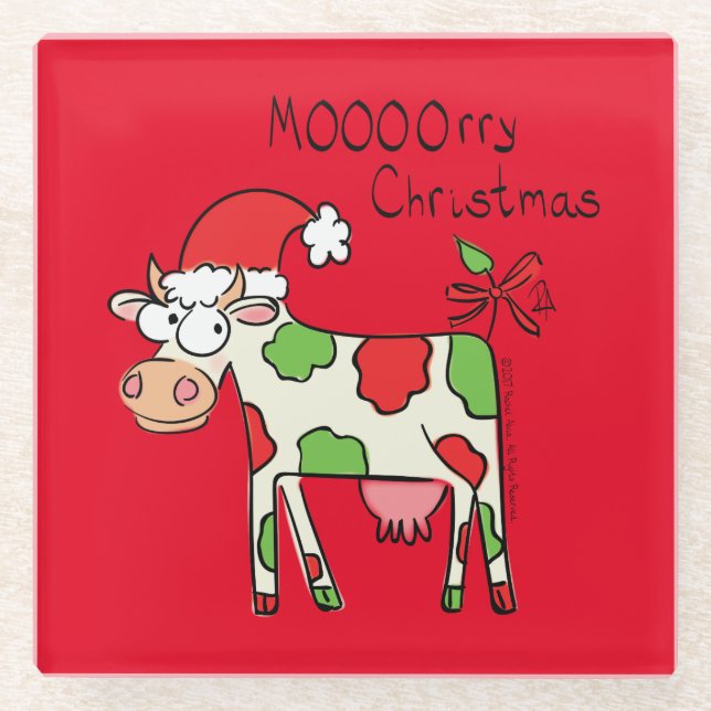 Cow Funny Cartoon Christmas Holiday Glass Coaster (Front)