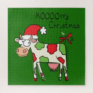 Cow Funny Cartoon Christmas Holiday Jigsaw Puzzle