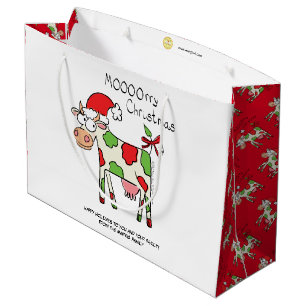 Cow Funny Cartoon Christmas Holiday Large Gift Bag
