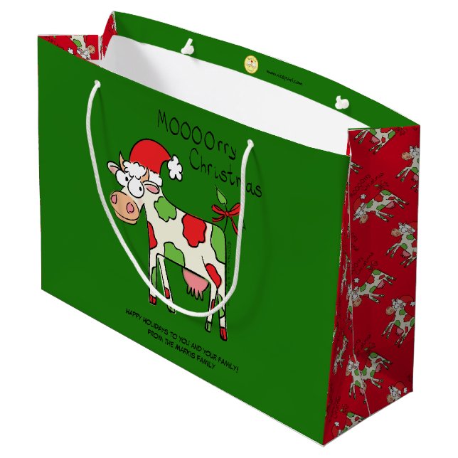Cow Funny Cartoon Christmas Holiday Large Gift Bag (Back Angled)