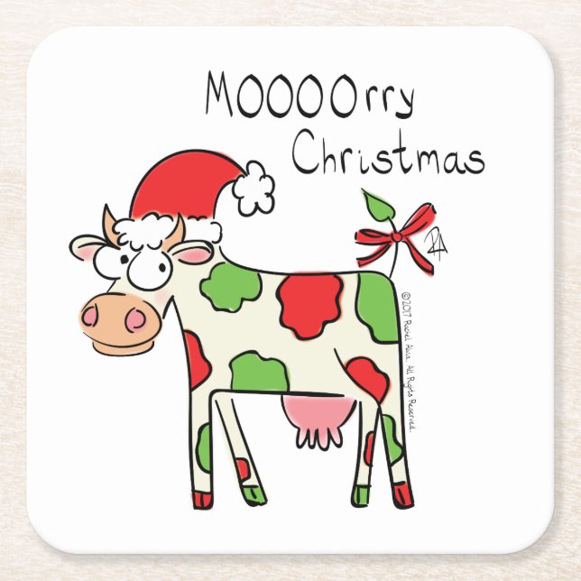 Cow Funny Cartoon Christmas Holiday Square Paper Coaster (Front)