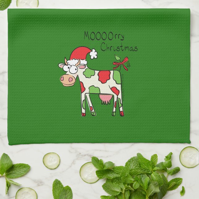 Cow Funny Cartoon Christmas Holiday Tea Towel (Folded)