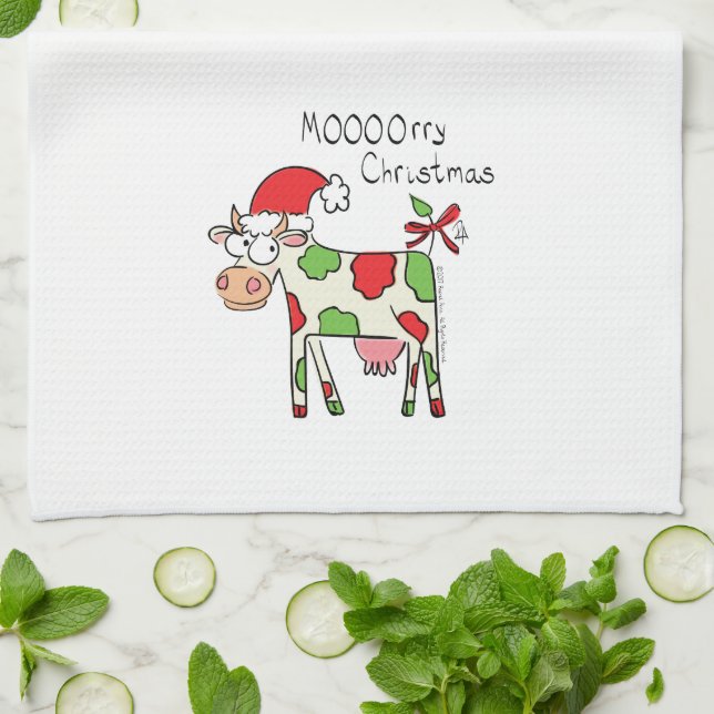 Cow Funny Cartoon Christmas Holiday Tea Towel (Folded)