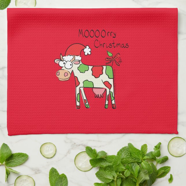 Cow Funny Cartoon Christmas Holiday Tea Towel (Folded)