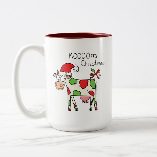 Cow Funny Cartoon Christmas Holiday Two-Tone Coffee Mug (Left)