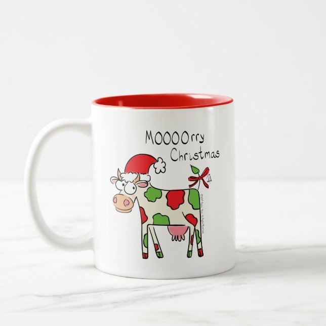 Cow Funny Cartoon Christmas Holiday Two-Tone Coffee Mug (Left)