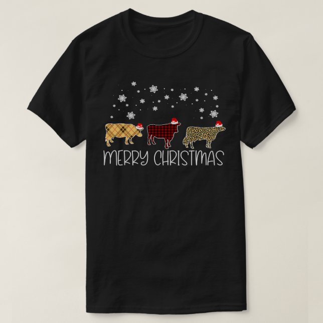 Cow Funny Cattle Merry Christmas Cute Plaid Leopar T-Shirt (Design Front)
