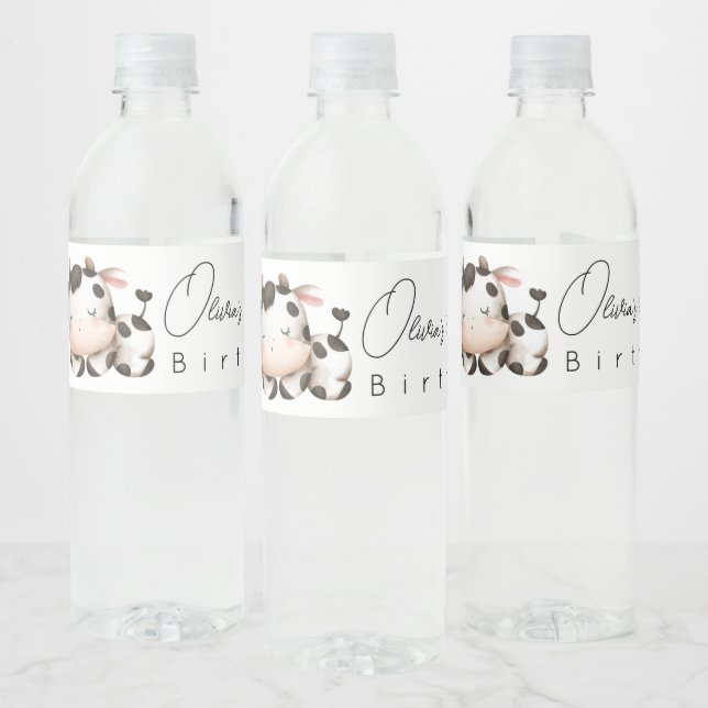 cow gender neutral birthday  water bottle label (Bottles)