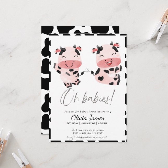 cow gender neutral twins baby shower invitation (Front/Back In Situ)