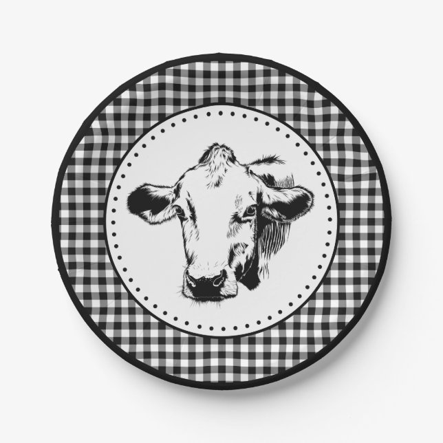 Cow Gingham Farmhouse Paper Plate (Front)