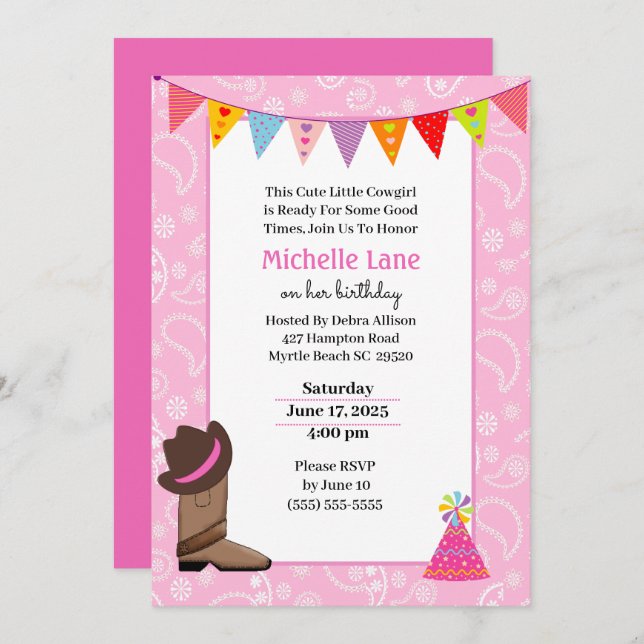 Cow Girl  Birthday Invitation (Front/Back)