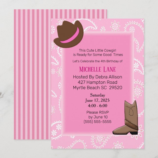 Cow Girl Boots and Hat Birthday Invitation (Front/Back)