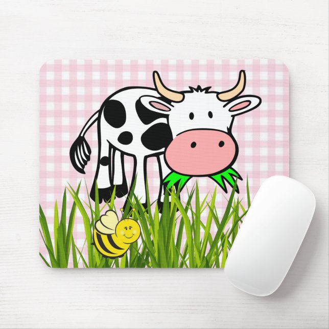 Cow Grass Floral Pink Plaid  Mouse Pad! Mouse Pad (With Mouse)