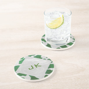 Cow Green and White Monogram Coaster