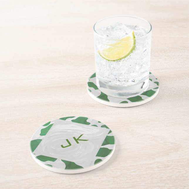 Cow Green and White Monogram Coaster (Side)