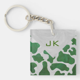 Cow Green and White Monogram Key Ring