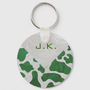Cow Green and White Monogram Key Ring