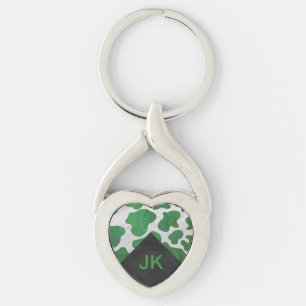 Cow Green and White Monogram Key Ring