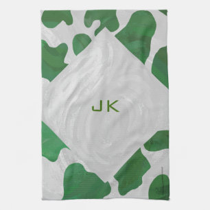 Cow Green and White Monogram Tea Towel