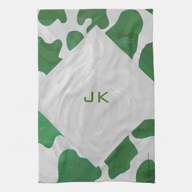Cow Green and White Monogram Tea Towel (Vertical)